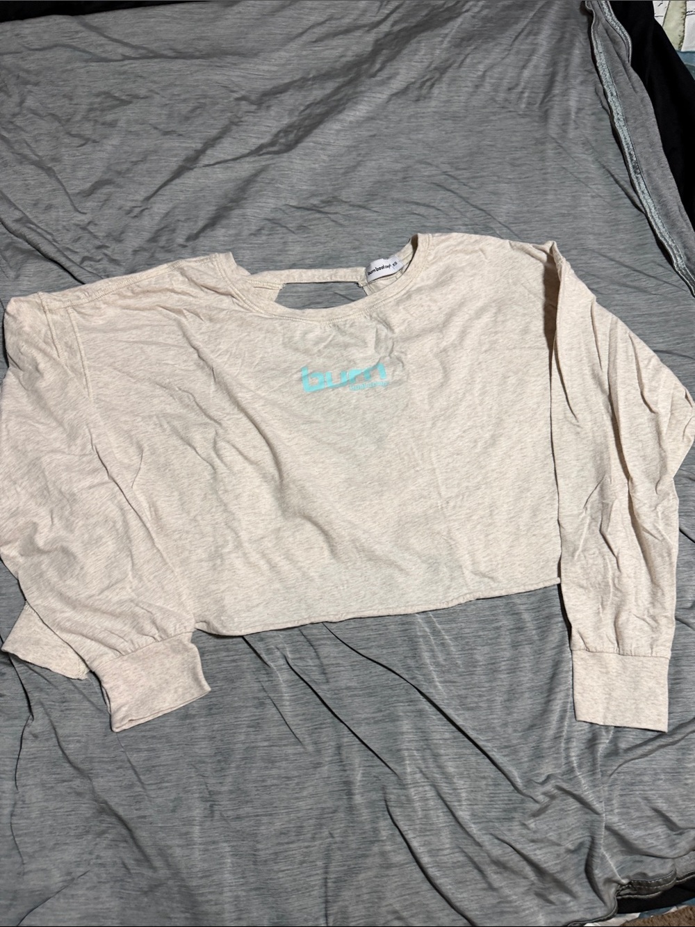 Burn Boot Camp Light Cream Cropped Long Sleeve Top with open back